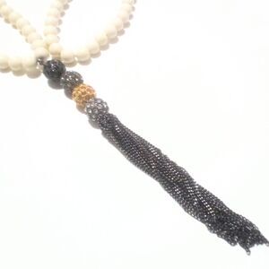 Cream Beaded Rhinestone and Silver Chain Tassel Necklace